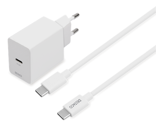 Sieninis įkroviklis DELTACO, 1X USB-C PD 20 W su USB-C laidu (1m),USBC-AC146, baltos sp.-0