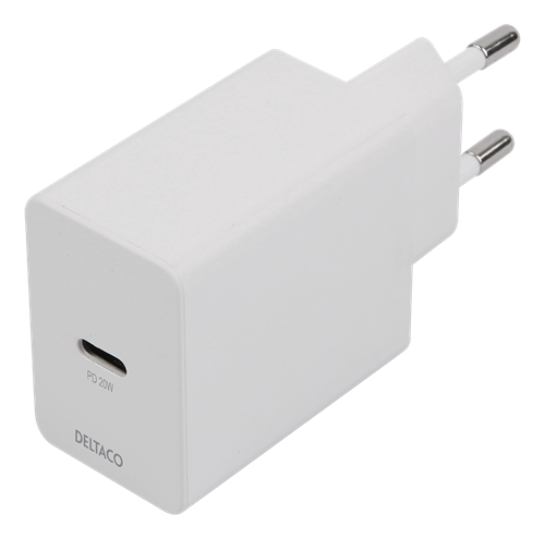 Sieninis įkroviklis DELTACO, 1X USB-C PD 20 W su USB-C laidu (1m),USBC-AC146, baltos sp.-1