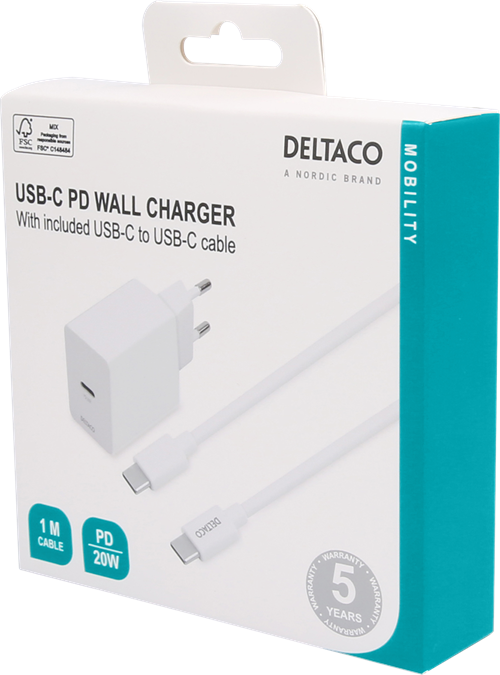 Sieninis įkroviklis DELTACO, 1X USB-C PD 20 W su USB-C laidu (1m),USBC-AC146, baltos sp. - 4
