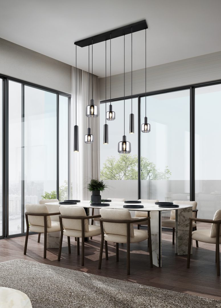 Pakabinamas šviestuvas TRIO MATARO, 2xE27, 3xE14, 3xGU10, metalinis juodos sp 118x34x150cm-1