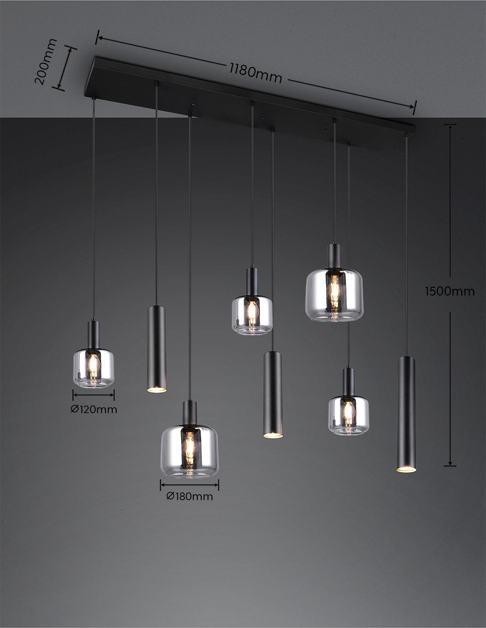 Pakabinamas šviestuvas TRIO MATARO, 2xE27, 3xE14, 3xGU10, metalinis juodos sp 118x34x150cm - 4