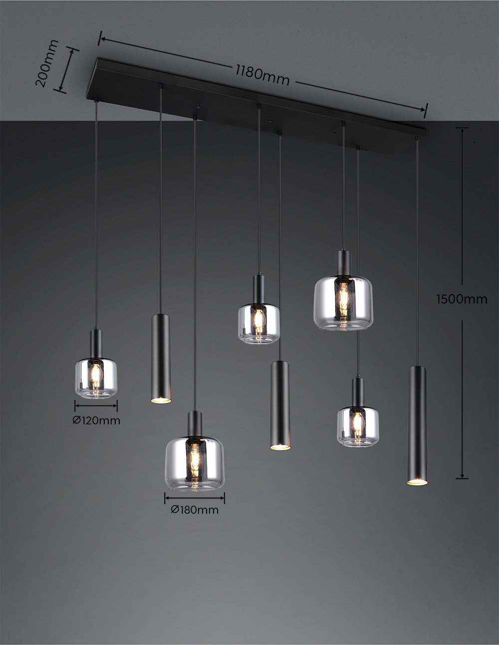 Pakabinamas šviestuvas TRIO MATARO, 2xE27, 3xE14, 3xGU10, metalinis juodos sp 118x34x150cm - 4