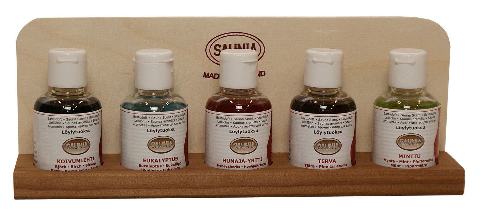 Pirties aromatų komplektas SAUNIA, su lentynėle, 5 x 50 ml