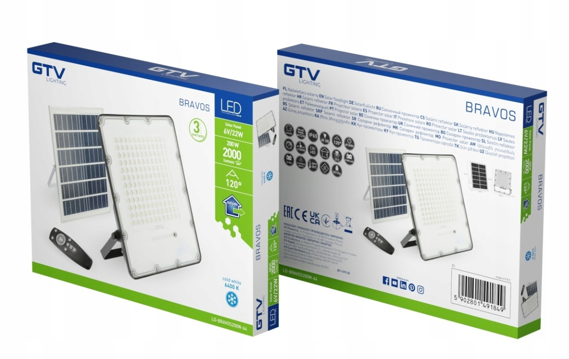 LED prožektorius GTV BRAVOS įkraunamas saulės energija, IP65, 200W, 6400K, 2000lm, 120°, su pultu-1