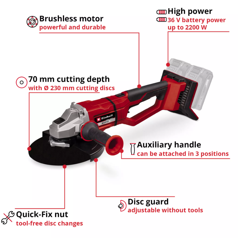 Akumuliatorinis kampinis šlifuoklis EINHELL AXXIO 36/230 Q Solo, 18 V, 230 mm, be akumuliatoriaus-1