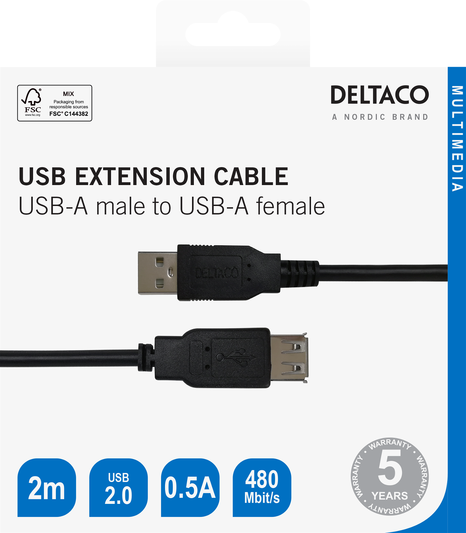 USB ilginimo kabelis DELTACO USB2-12S-K, USB-A male to USB-A female, 2m, juodas - 1