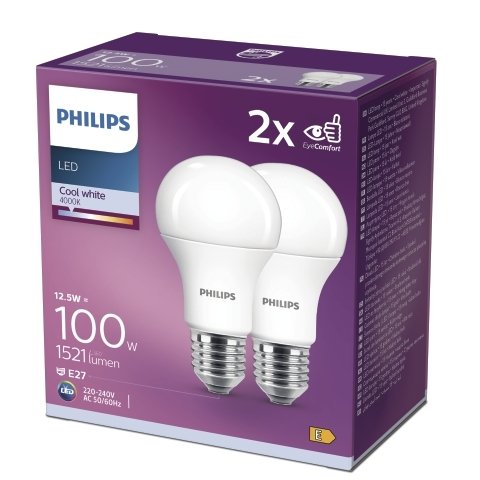 LED lemputės PHILIPS, E27, A60, 4000 K, 13W (=100W), 1521 lm, NON-DIM, 2 vnt. - 1