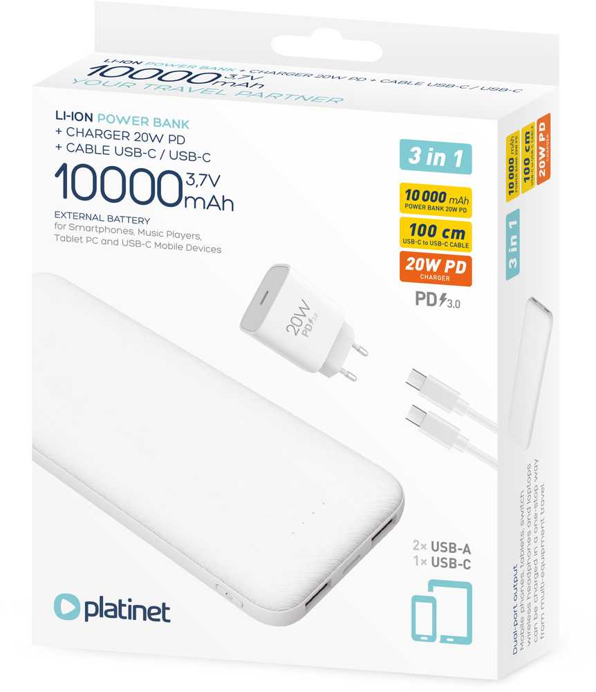 Išorinė baterija PLATINET 10000mAh PMPB10W705, baltos sp.-1