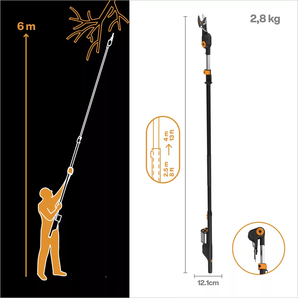 Akumuliatorinis šakų genėtuvas FISKARS, 2 x 12 V, iki 32 mm, kotas 2,4-4,0 m, be akumuliatoriaus - 5