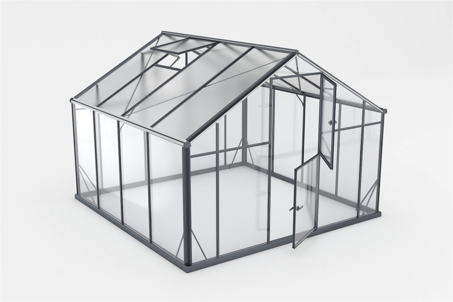 Šiltnamis SANUS HYBRID XL-9 (2,90x2,90m) RAL9005, 4mm grūdinto stiklo sienos, 6mm polikarbonato stogas