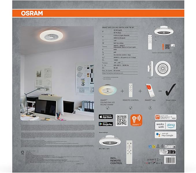 Išmanusis LED šviestuvas-ventiliatorius OSRAM SMART WIFI, 74W, 3000-6500K 3050lm, su pultu-1