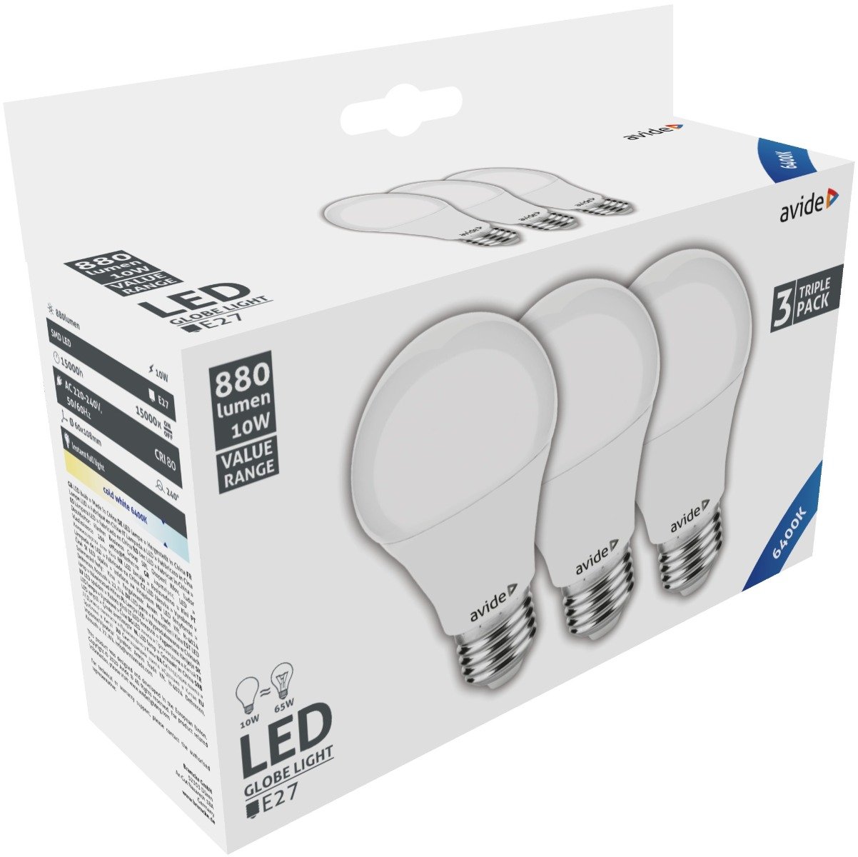 LED lemputės AVIDE, E27, A60, 10W (=65W), 6400K, 220-240V, 880 lm, 3 vnt - 1
