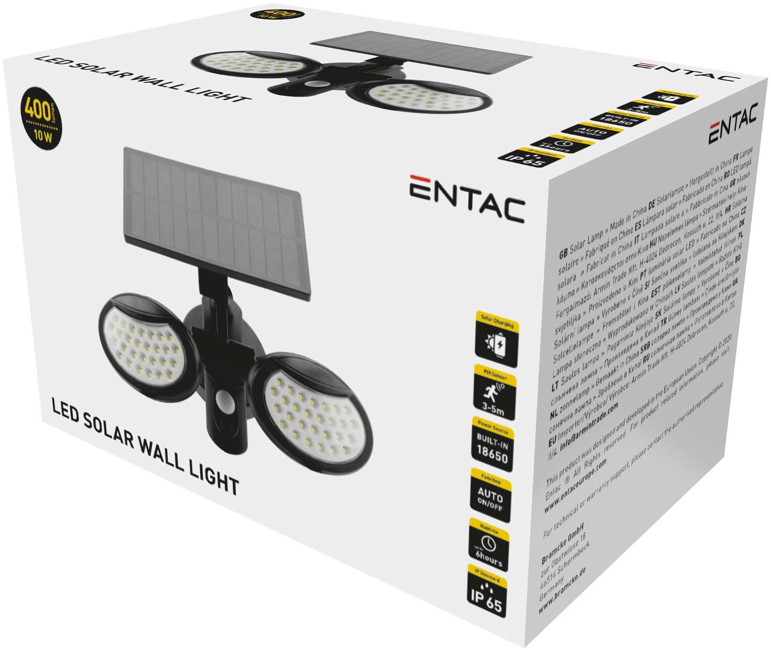 LED lauko prožektorius ENTAC, įkraunamas saulės energija, IP65, 10W, 6000K, 400 lm, 22 x 20 x 13 cm - 3
