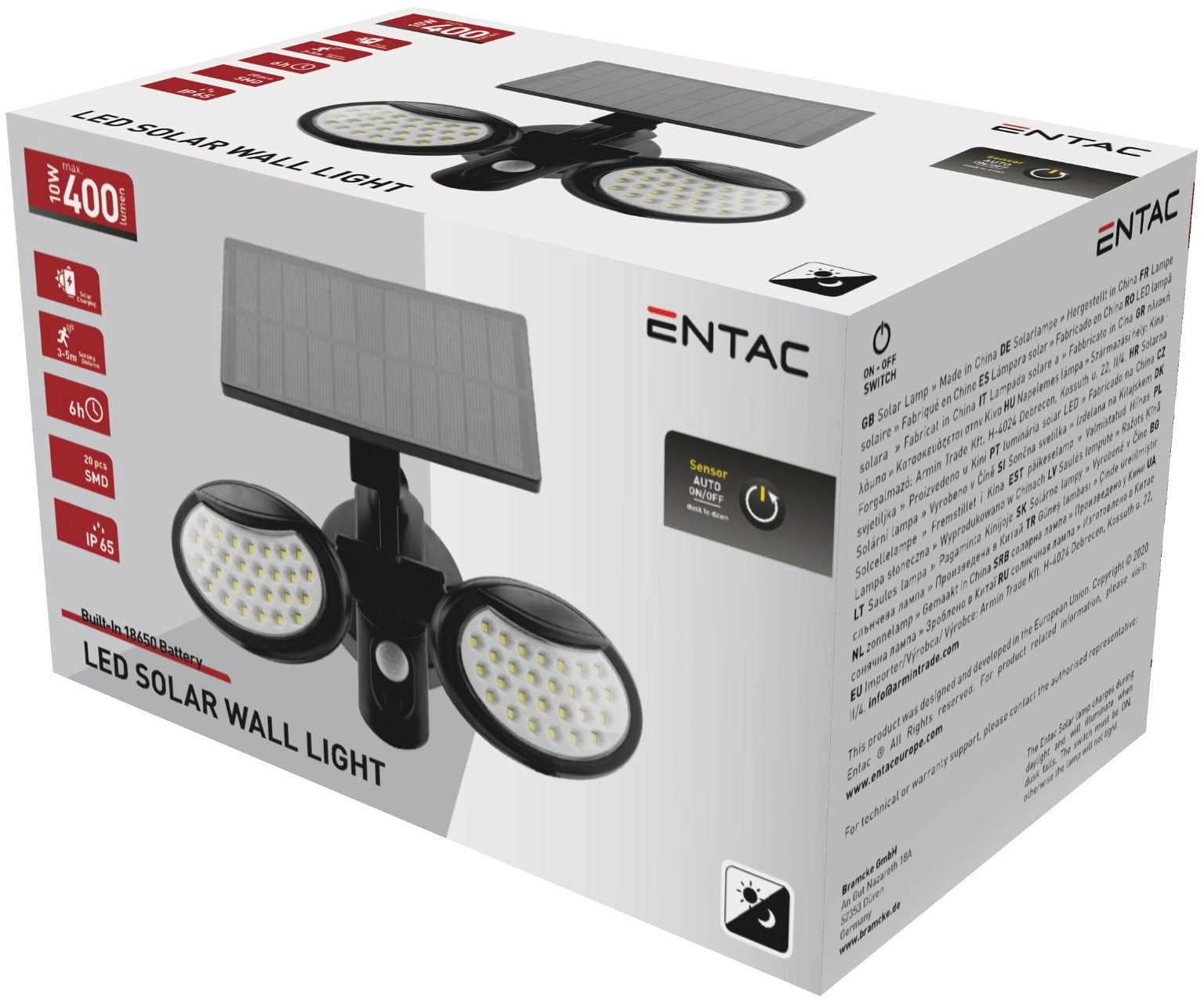 LED lauko prožektorius ENTAC, įkraunamas saulės energija, IP65, 10W, 6000K, 400 lm, 22 x 20 x 13 cm - 2