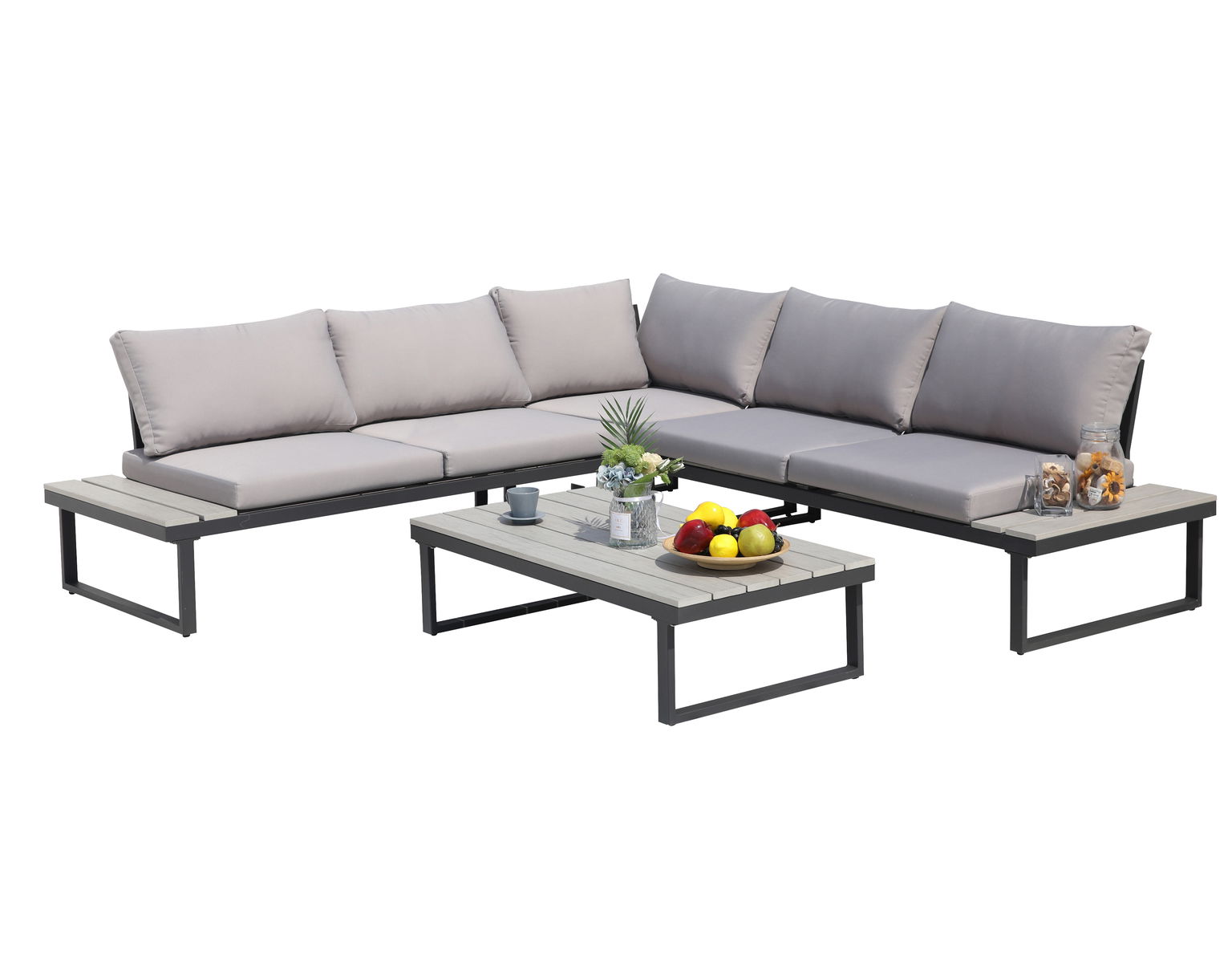 Lauko baldų komplektas: sofa, kampinė sofa ir stalas, pilkos sp.-0