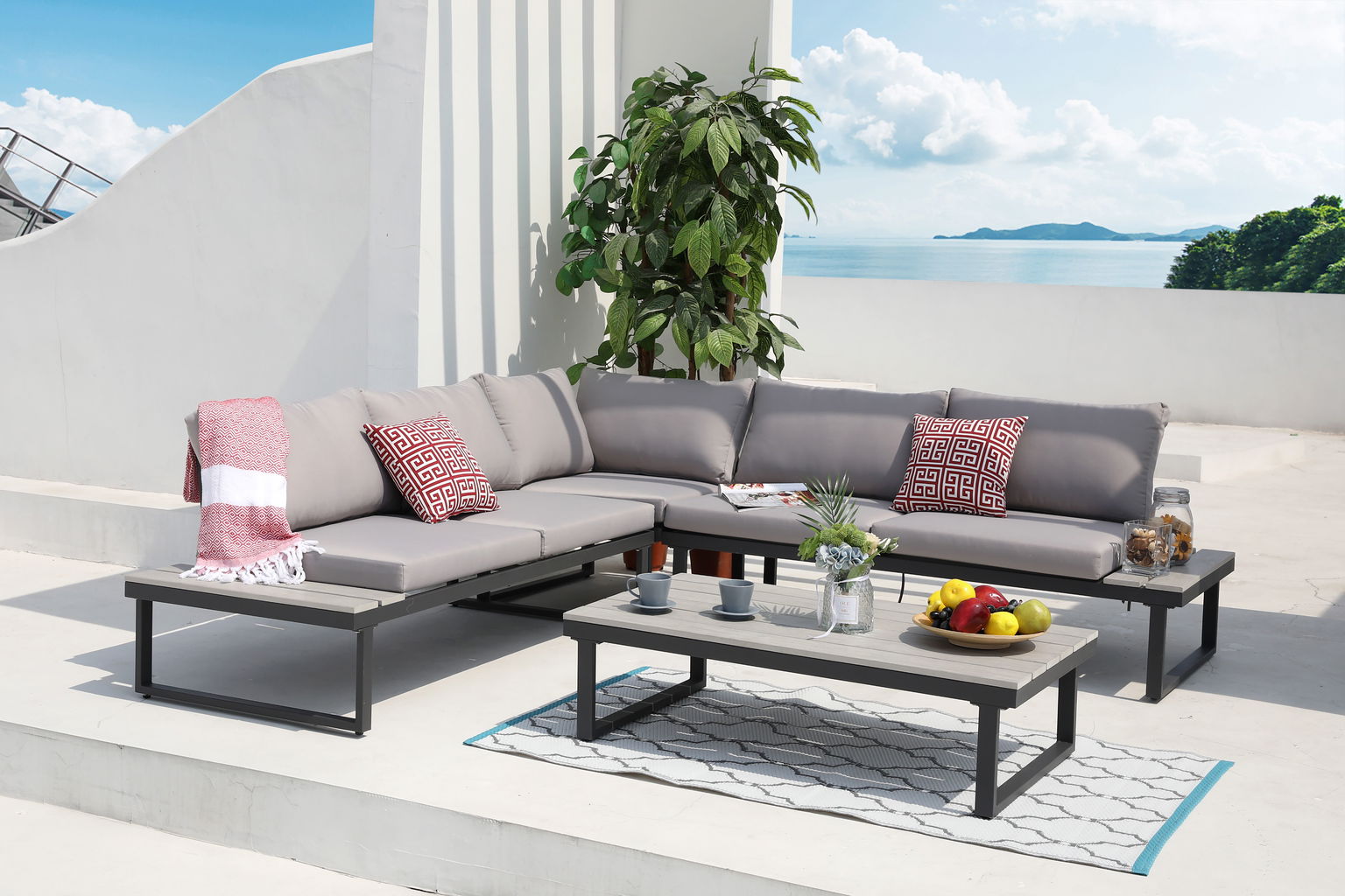 Lauko baldų komplektas: sofa, kampinė sofa ir stalas, pilkos sp.-1