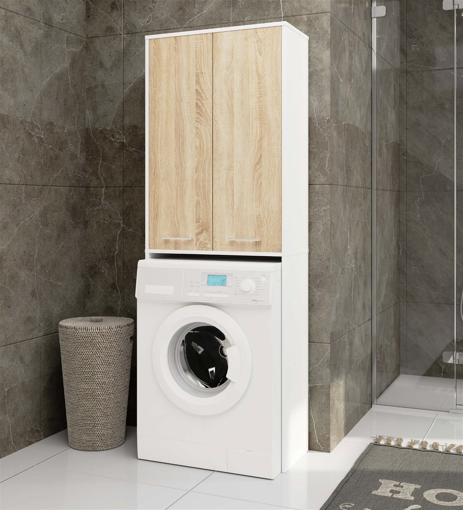 Pastatoma vonios spintelė virš skalbimo mašinos FIN 2D, 60 cm, balta/ąžuolo - 5