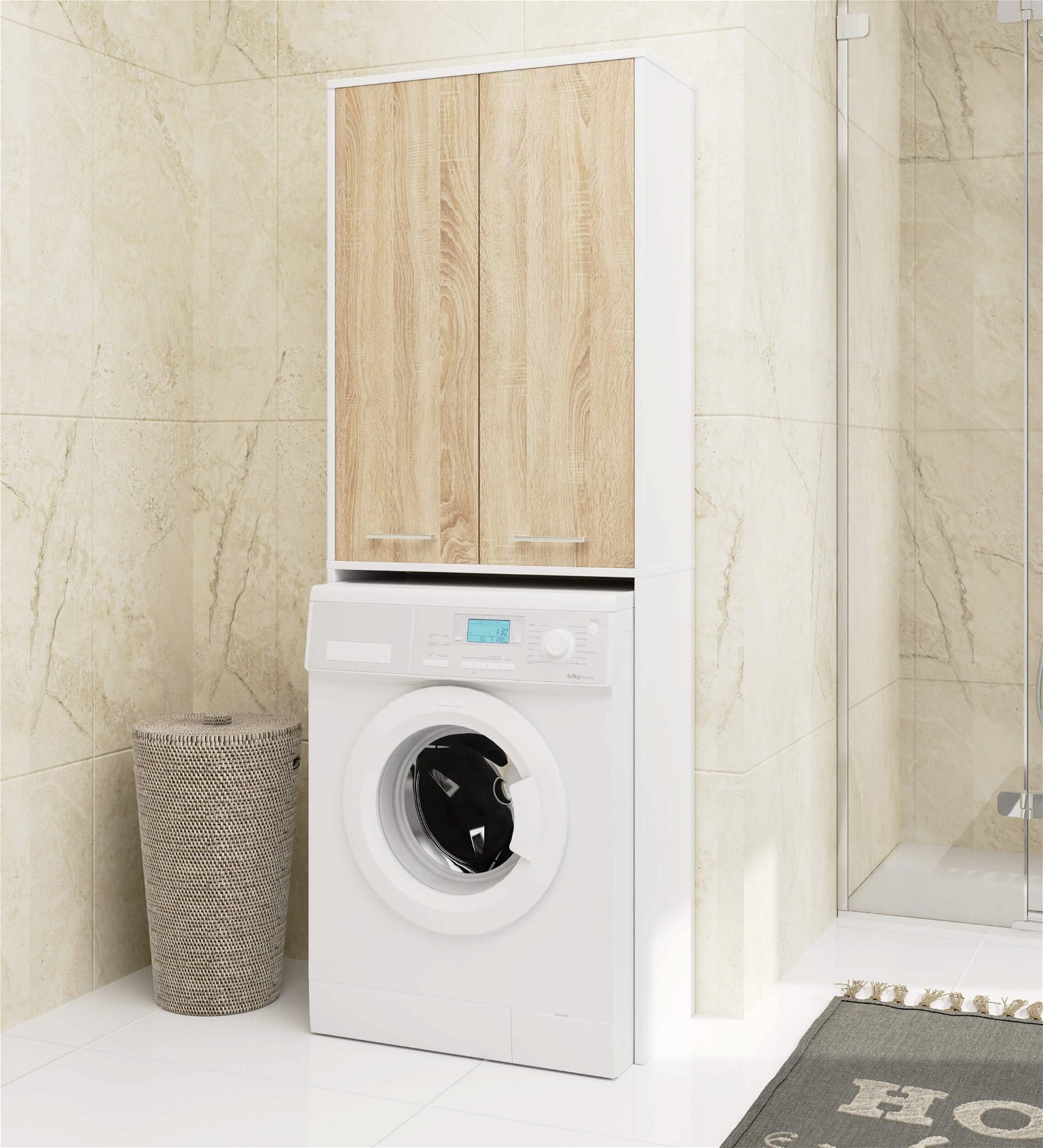 Pastatoma vonios spintelė virš skalbimo mašinos FIN 2D, 60 cm, balta/ąžuolo - 4