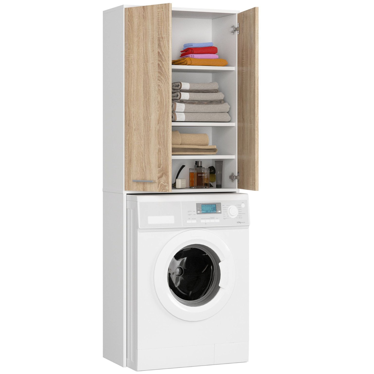 Pastatoma vonios spintelė virš skalbimo mašinos FIN 2D, 60 cm, balta/ąžuolo - 2