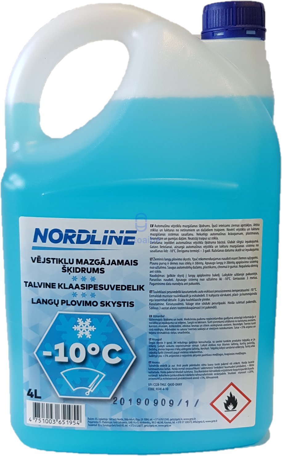 Žieminis langų plovimo skystis NORDLINE (Žaliosios citrinos kvapo, be metanolio), -10°C, 4 l