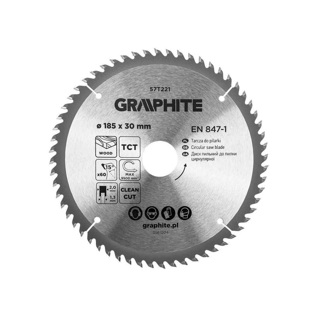 Medžio pjovimo diskas GRAPHITE, 185 x 2,0 x 30 mm, 60 dantų, TCT