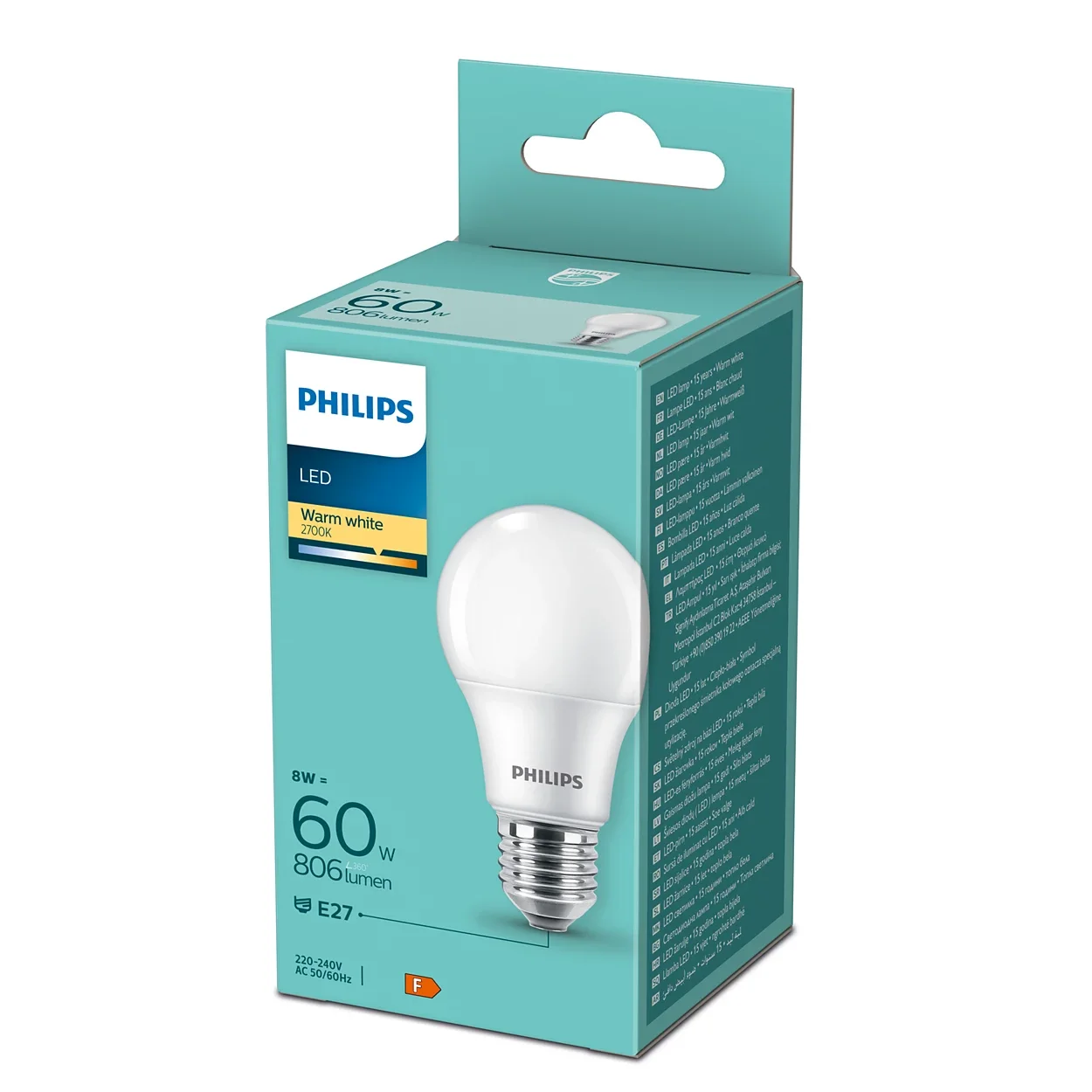 LED lemputė PHILIPS, A60, 8W (=60W), E27, 2700K, 806 lm, NON-DIM, šiltai baltos spalvos - 2