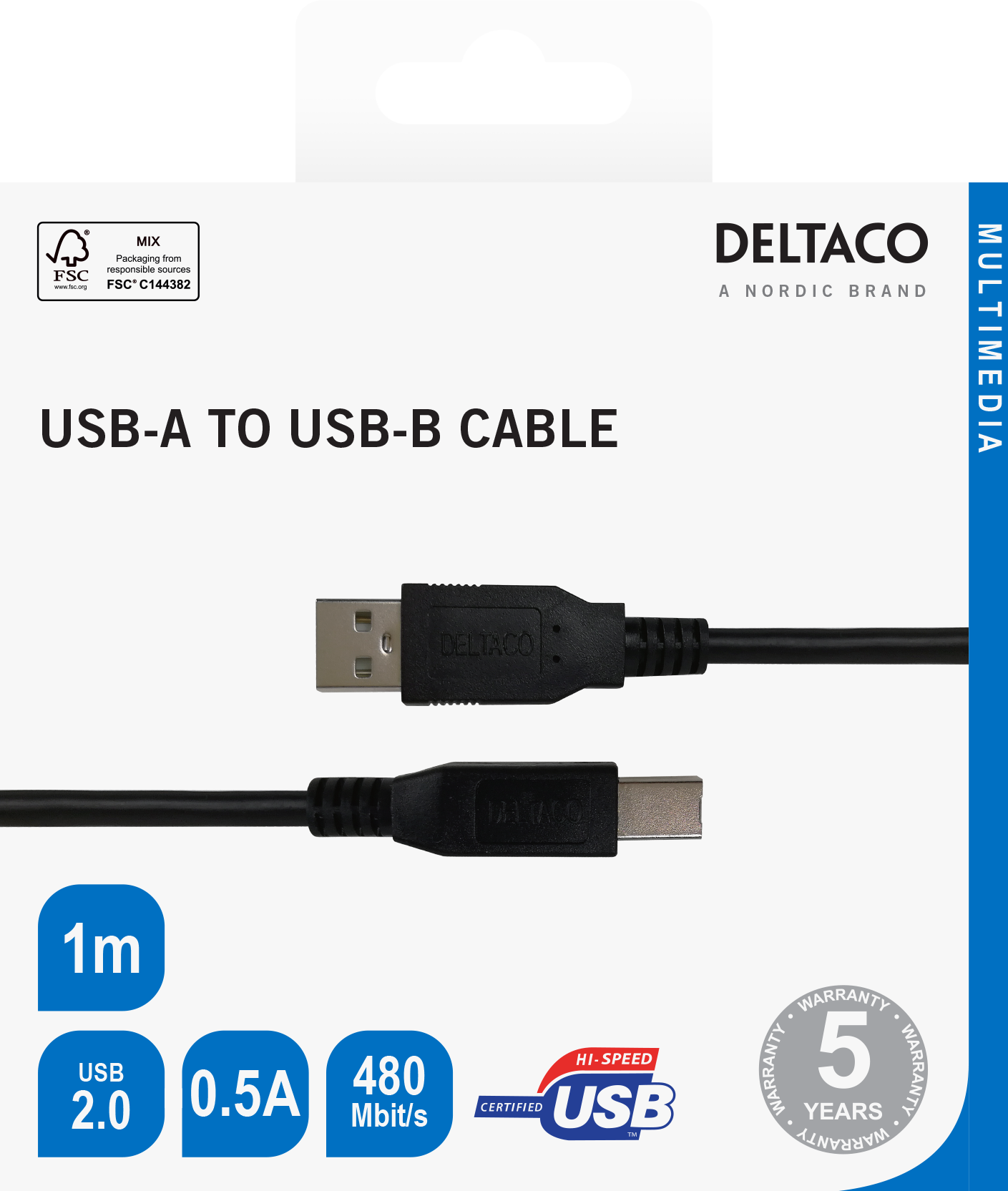 Kabelis DELTACO USB-B 2.0, 1m juodas - 2