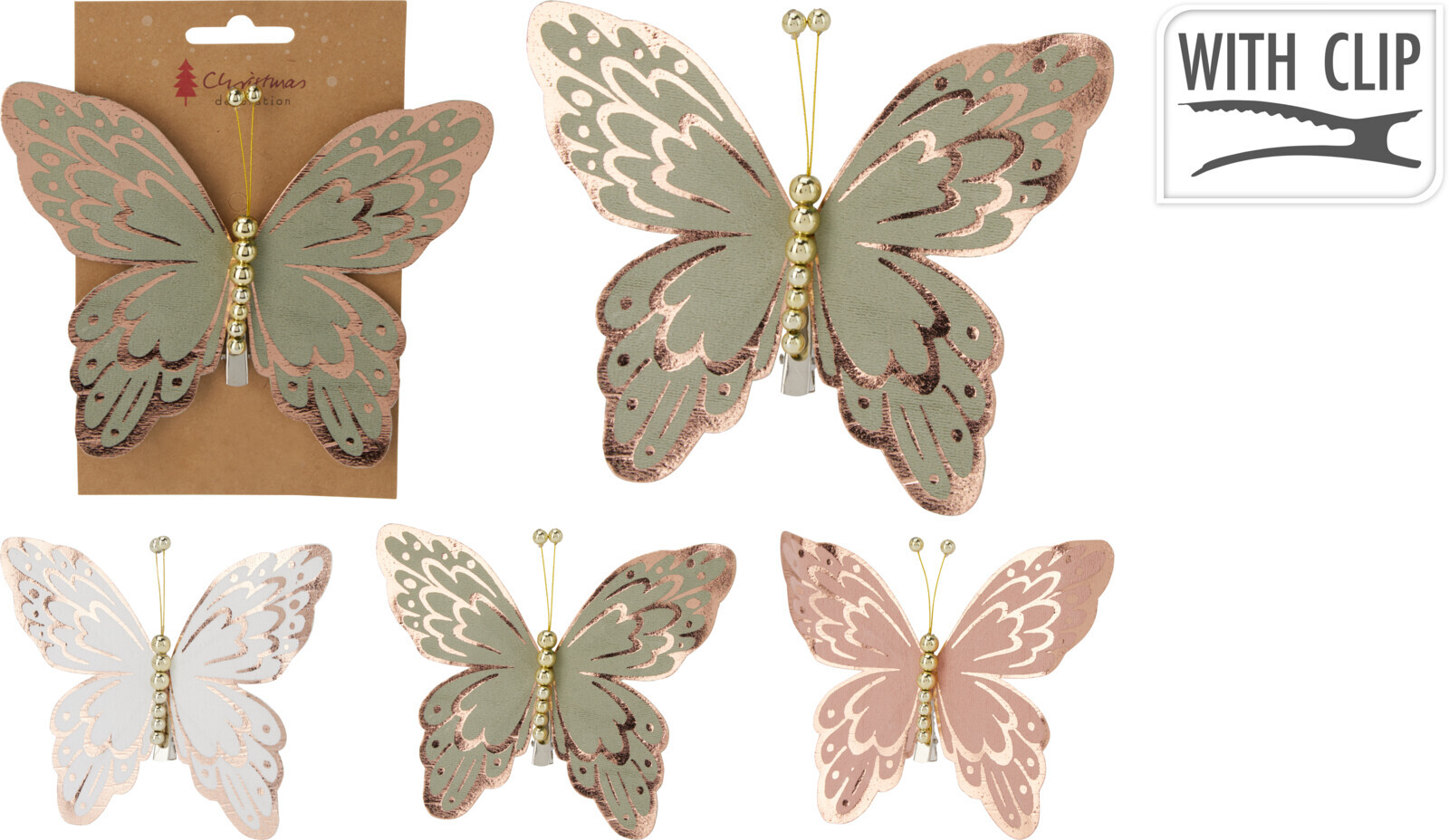 Įsegama kalėdinė dekoracija BUTTERFLY PASTEL, 3 spalvos, 15 cm-0