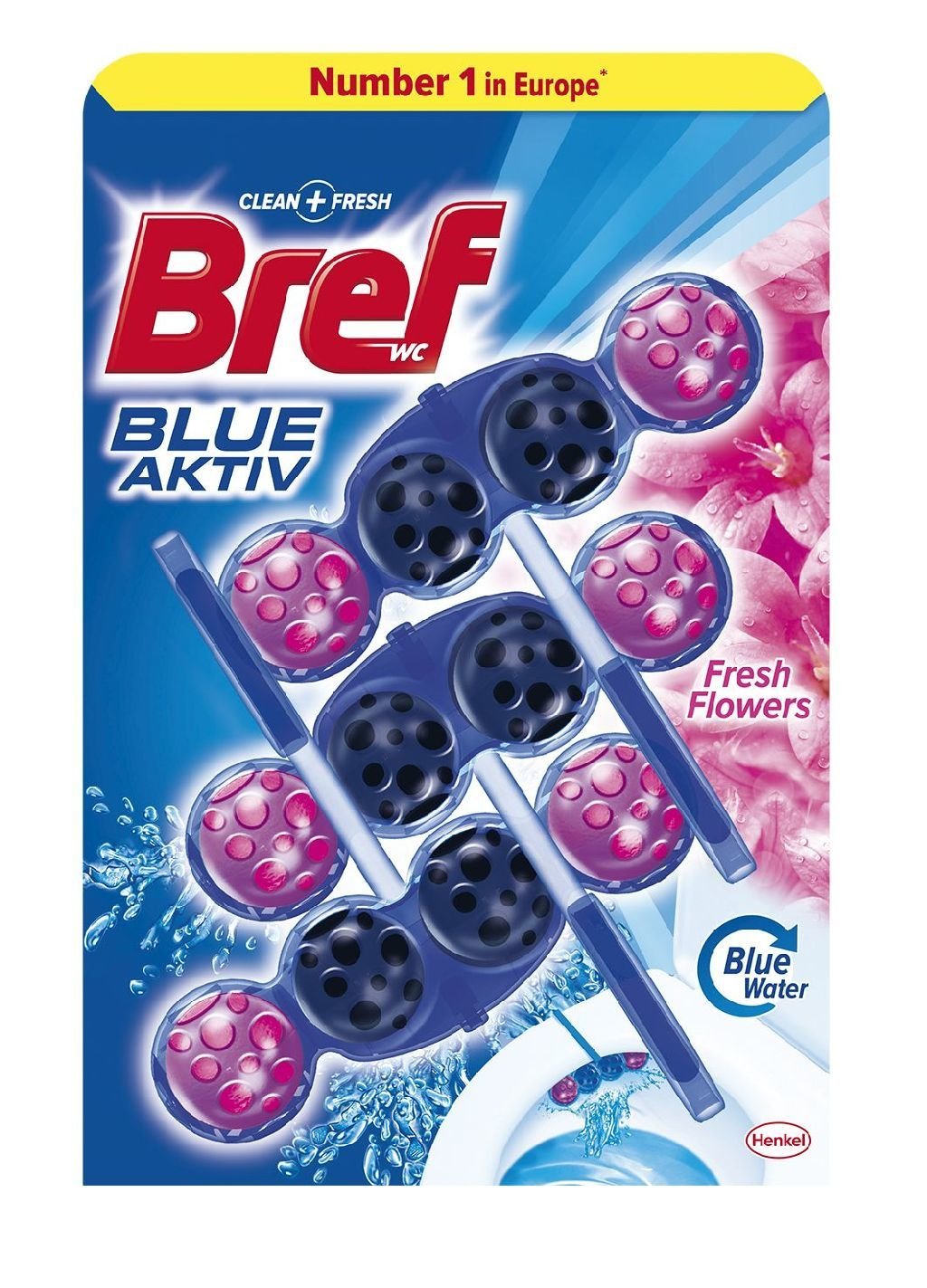 WC valiklis - gaiviklis BREF Blue Active Fresh Flower, 3 x 50 g