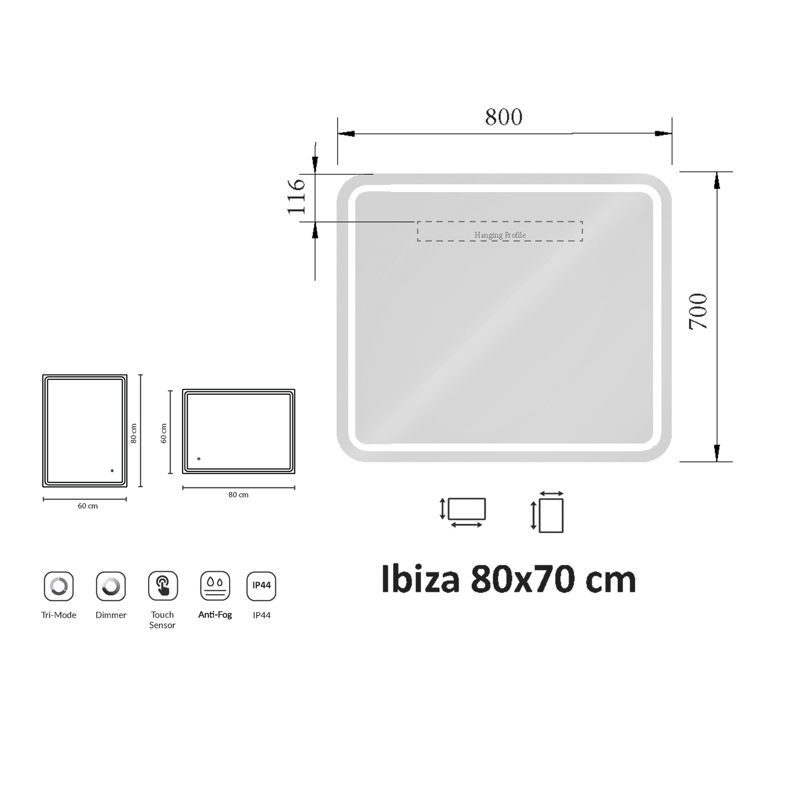 Vonios veidrodis ALBUS IBIZA, su LED apšvietimu 2700 - 6500K, 80 x 70 cm-1