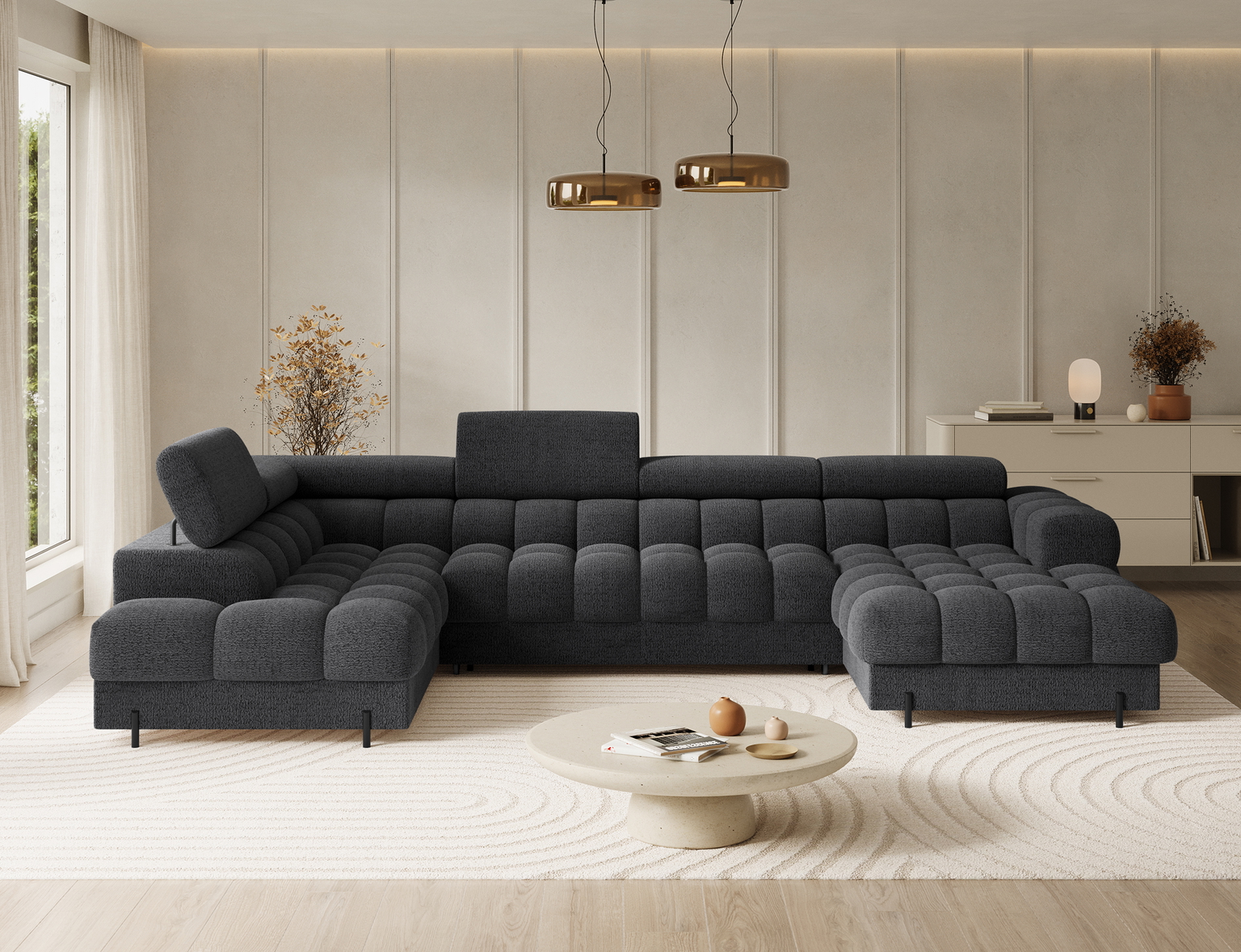 Kampinė sofa - lova Feraria Royal 05, tamsiai pilka sp., 202 x 358 cm x 93 cm-1