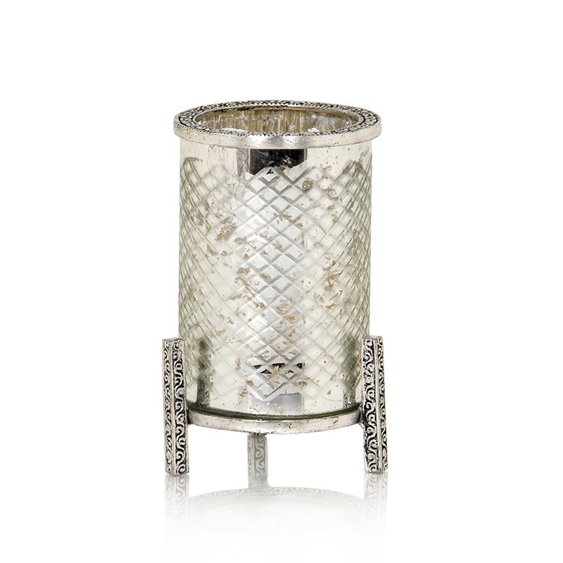 Stiklinė žvakidė su metaliniu stoveliu, sidabrinės  sp., 12 x 12 x 19,5 cm