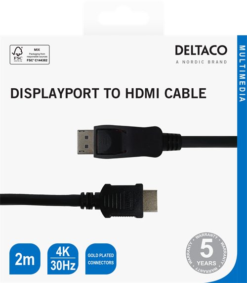 Kabelis DELTACO DP-3020-K DisplayPort į HDMI, 4K UHD, 2m, juodas - 1