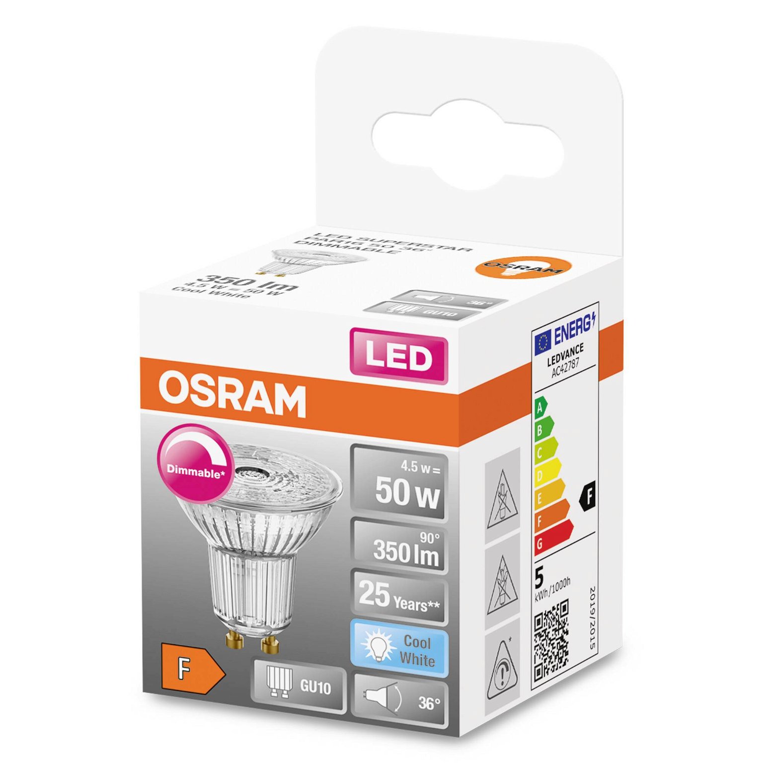 LED lemputė OSRAM, GU10, PAR16 50, reflektorinė, 4,5W, 4000K, 36°, 350 lm, dimeriuojama - 2