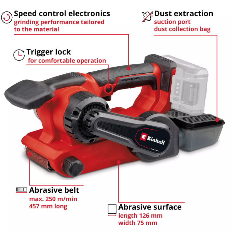 Akumuliatorinis juostinis šlifuoklis EINHELL TP-BS 18/457 Li BL-Solo, 18 V, 75 x 457 mm, be akumul.-1