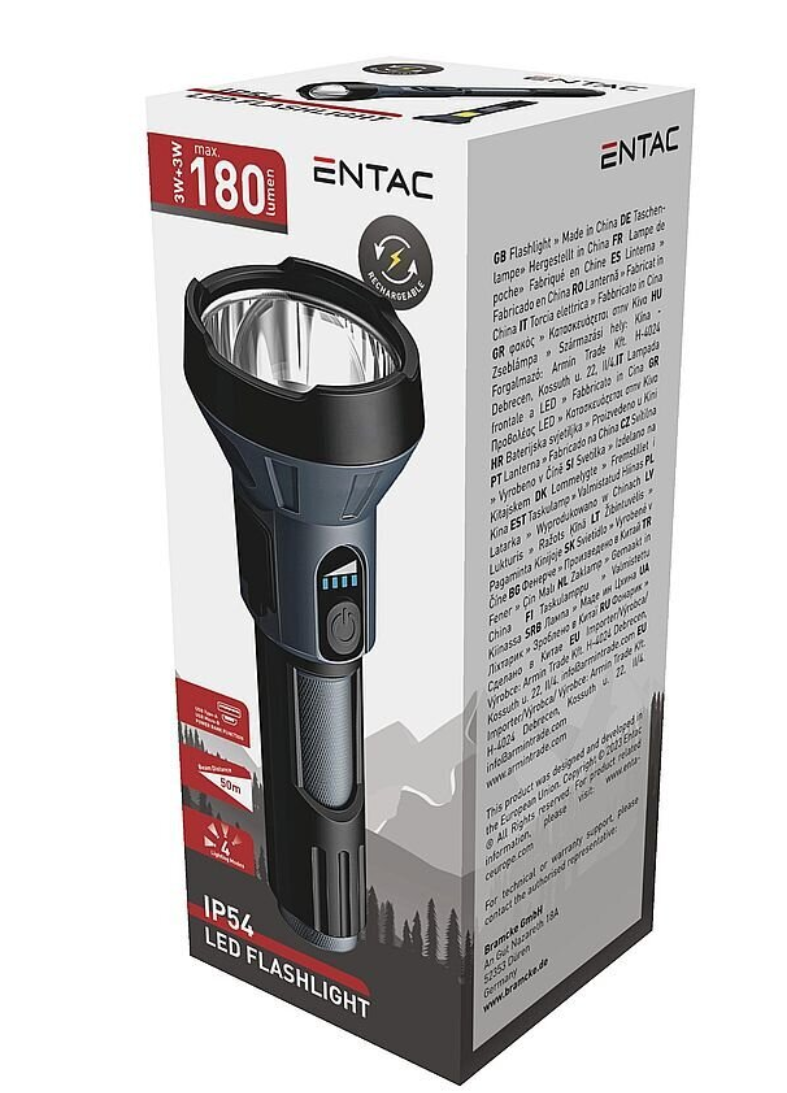LED žibintuvėlis ENTAC, IP54, 3W+3W, 180lm, pakraunamas, USB, COB, powerbank funkcija-1