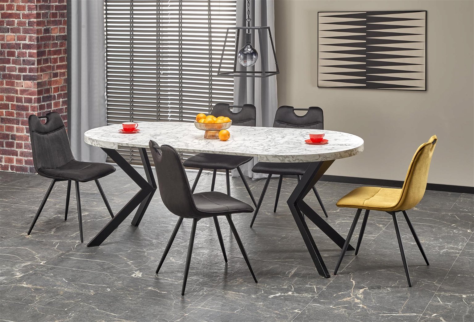 Išskleidžiamas valgomojo stalas PERONI, 100-250x100x75 cm, balto marmuro/juoda