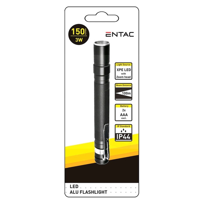LED žibintuvėlis ENTAC, IP44, 3W, 150lm, elementai 2xAAA (neįeina), atstumas 100 m, juodos spalvos-0