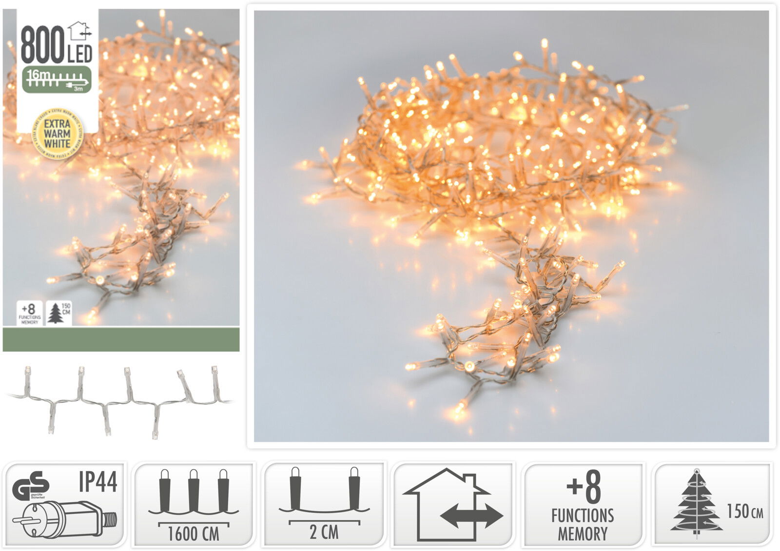 ElektrinėgirliandaSNAKELEDLIGHT,800LED,IP44,8režimai,šiltaibaltossp.,16m