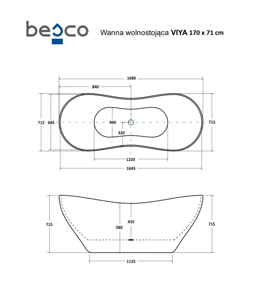 Vonia Besco Viya Black&White 170, su Klik-klak Graphite valomu iš viršaus - 1