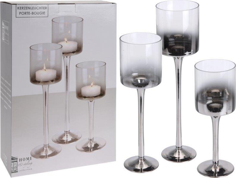 Stiklinių žvakidžių rinkinys, sidabro sp., 3 vnt.