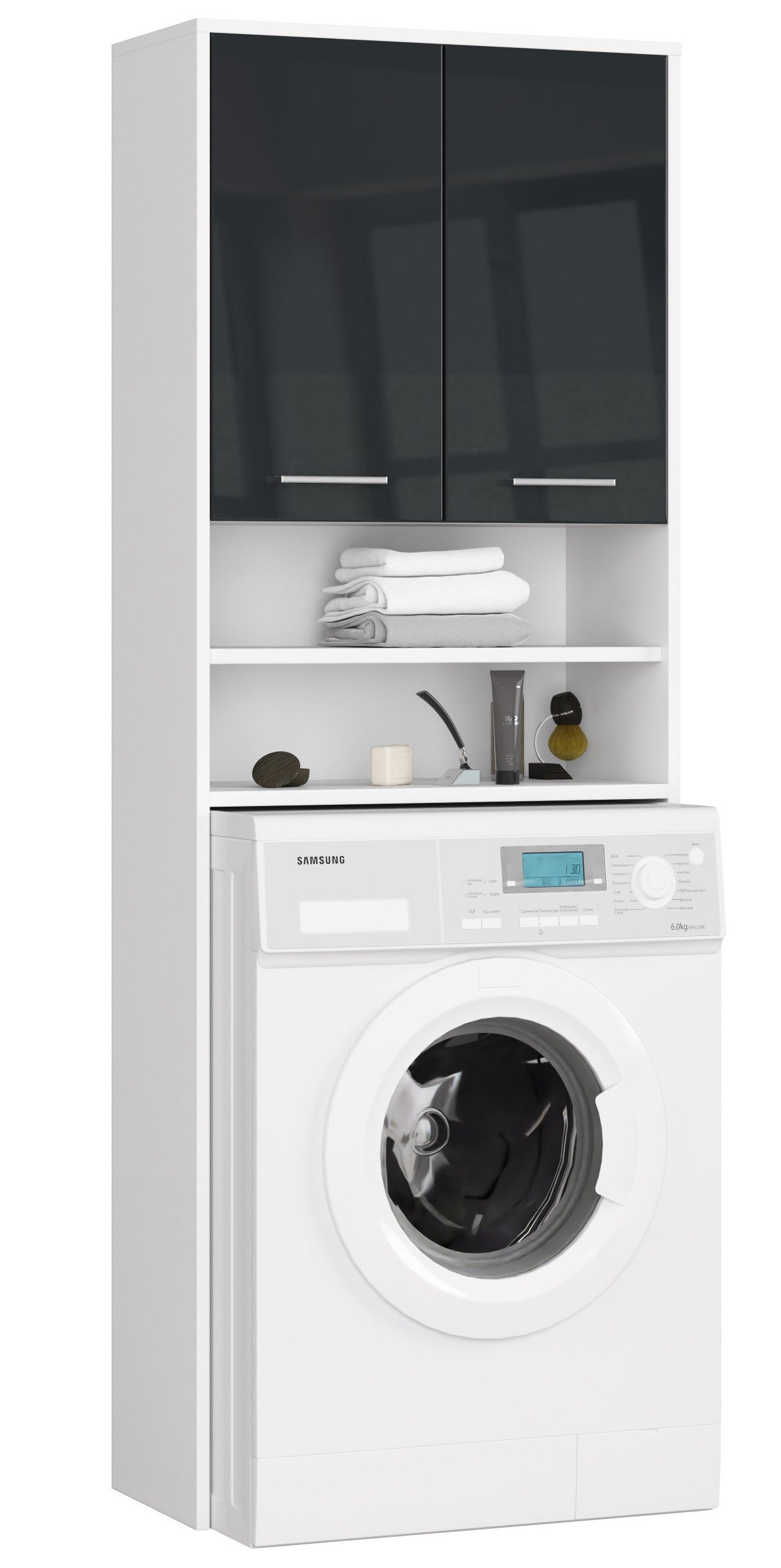 Pastatoma vonios spintelė virš skalbimo mašinos FIN 2D, 60 cm, balta/grafito blizgi