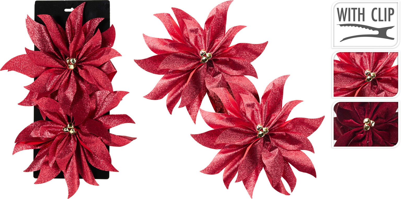 Įsegamų kalėdinių dekoracijų rinkinys POINSETTIA, įvairių sp., 2 rūšių, 18 cm-0