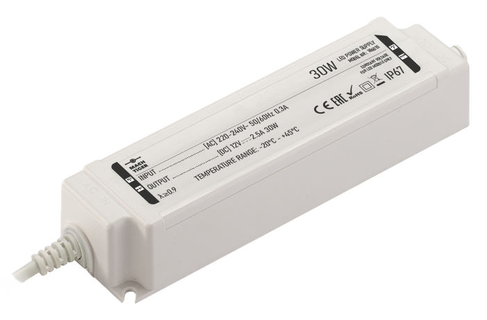 LED transformatorius MACH TIGER, IP67, 30 W, įėjimas AC220-240V, išėjimas DC12V-0