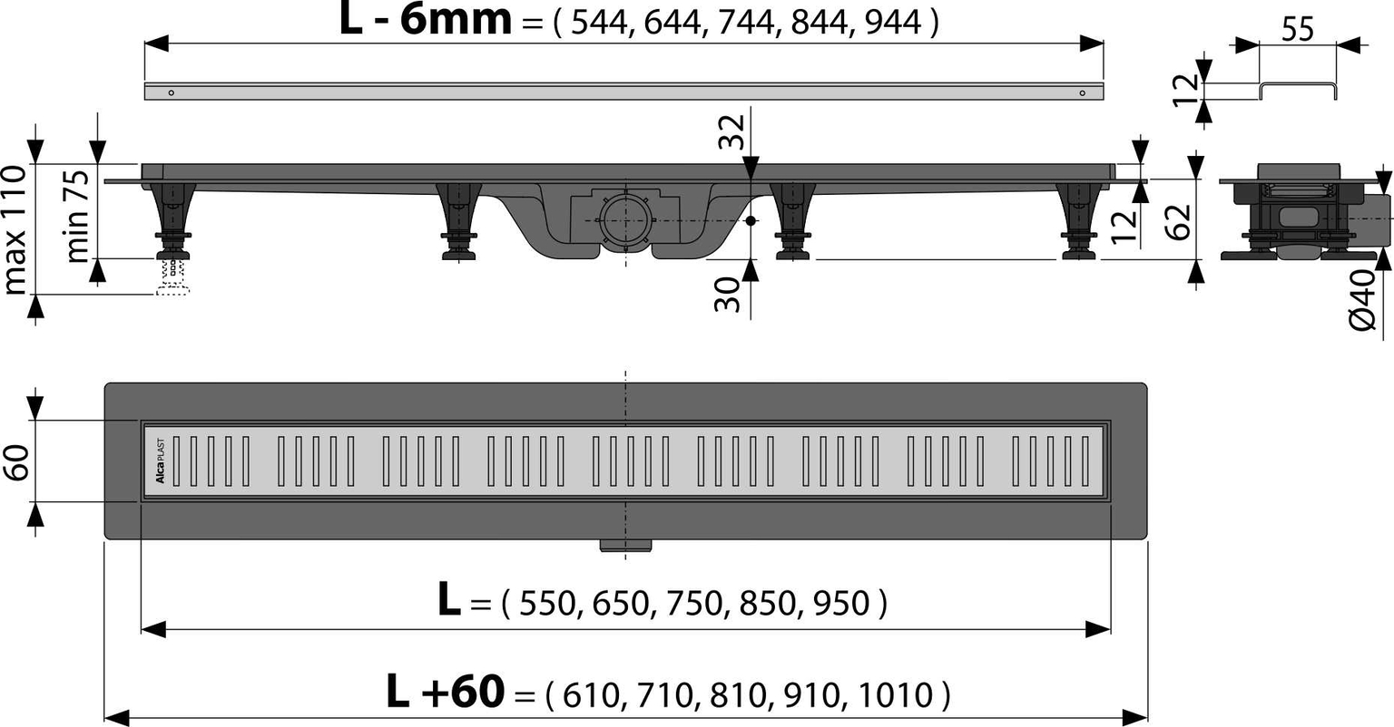 Dušo latakas ALCA APZ10-850, su NP grot., 60 x 850 x 75 mm-1