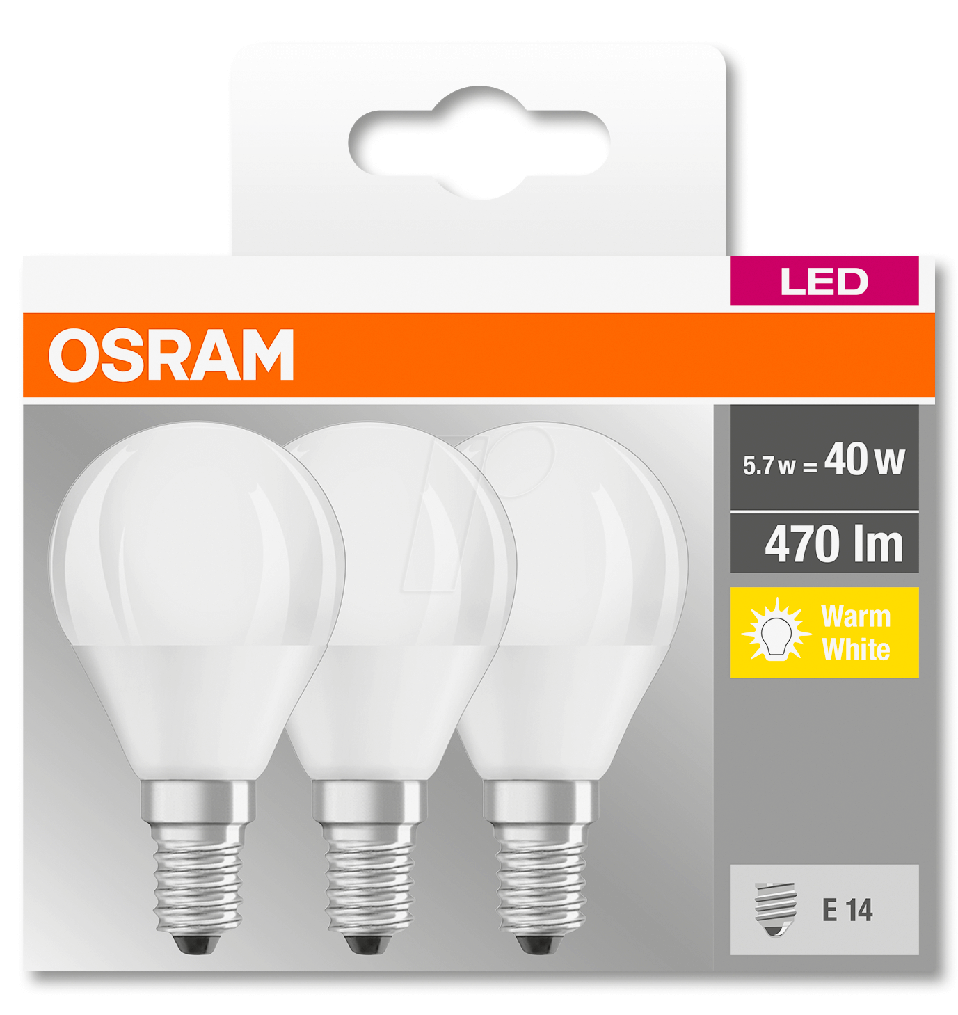 LED lemputės OSRAM Base Classic, E14, P40, burbuliukas, 4,9W, 2700K, 470lm, non-dim, 3 vnt - 1
