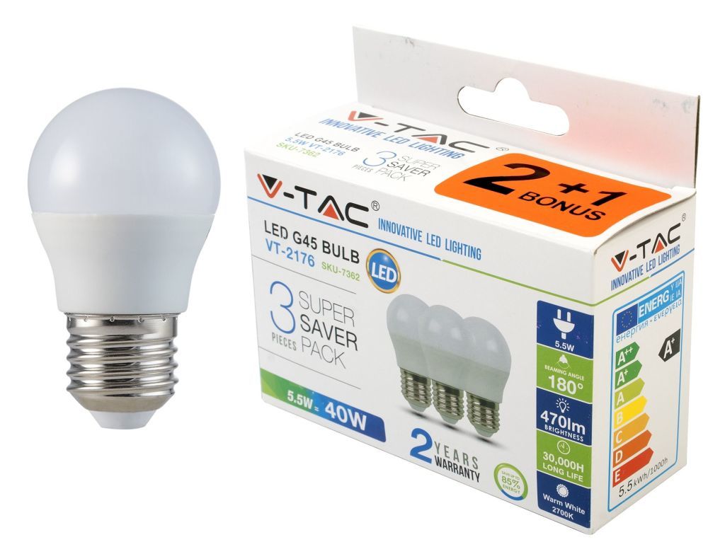 Šviesos diodų lemputė V-TAC, G45, 5,5 W, 470 lm, 3000K, E27, 2 + 1 vnt.