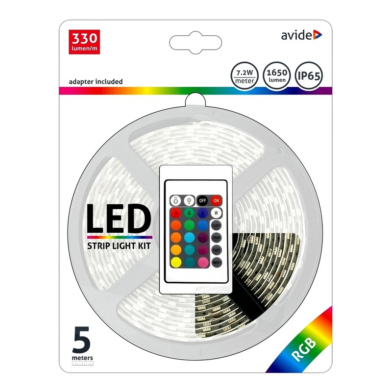 LED juostos komplektas AVIDE, IP65,RGB, 36W, 1650 lm, su pultu, 5m