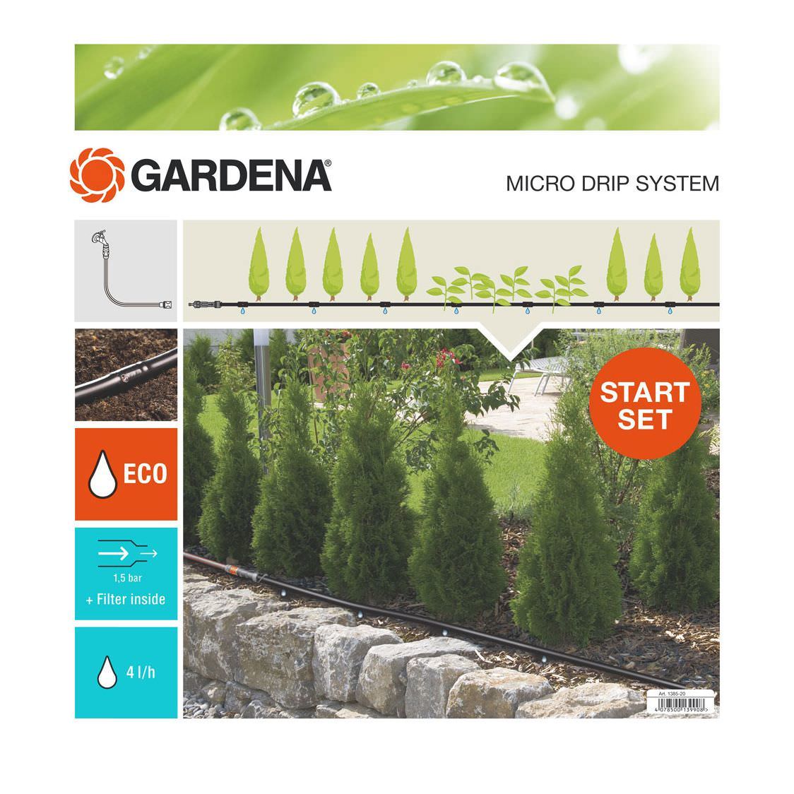 Lašelinio drėkinimo sistema GARDENA, 4,6 mm, 15 m, atstumas tarp laš. vietų 30 cm, 15 laik.-1