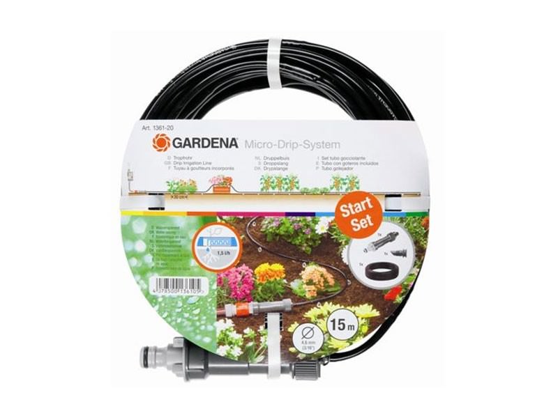 Lašelinio drėkinimo sistema GARDENA, 4,6 mm, 15 m, atstumas tarp laš. vietų 30 cm, 15 laik.-0